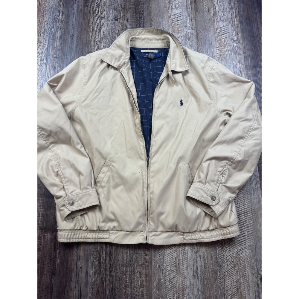 Polo Ralph Lauren Mens Tan Harrington Jacket Beige Full Zip L Windowpane Lining